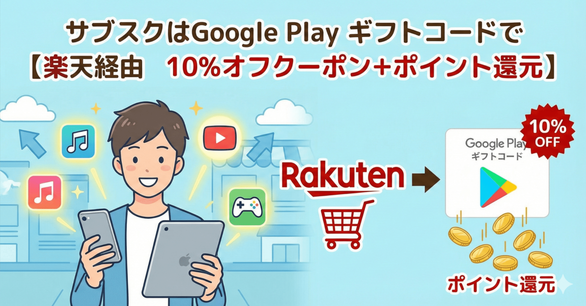 サブスクはGoogle Play ギフトコードで【楽天経由　10%オフクーポン＋ポイント還元】